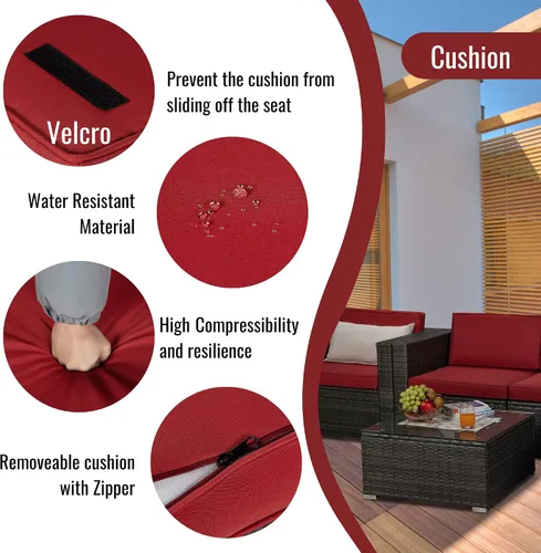 Miniatura 5 de Quarte Juego de muebles de patio de 4 piezas, sofá modular de mimbre de ratán PE para exteriores con acolchado y almohada, para porche, césped, Gris
