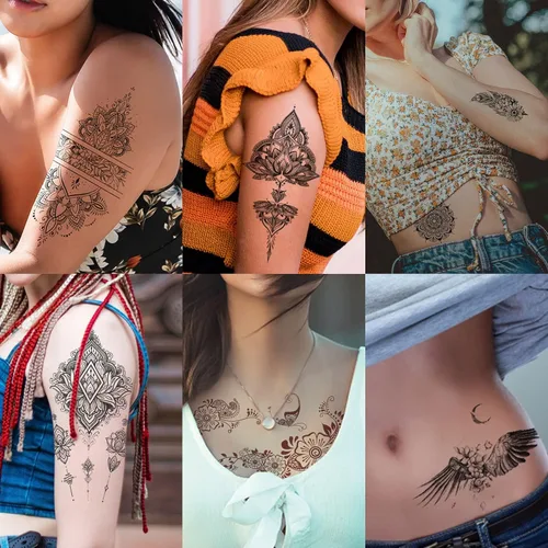 Miniatura 7 de 32 hojas de calcomanías temporales para mujer, diseño de mandala de plumas de henna, tatuajes temporales para mujeres