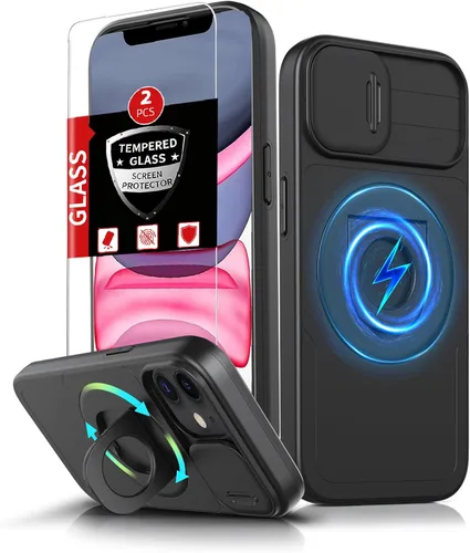 Miniatura 89 de Funda magnética para iPhone 11 Pro compatible con carga inalámbrica MagSafe, con 2 protectores de pantalla, anillo kickstand de 360° integrado +