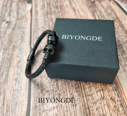 Miniatura 4 de Pulsera de cuero trenzado negro para hombre, acero inoxidable, dos encantos de calavera, gótica