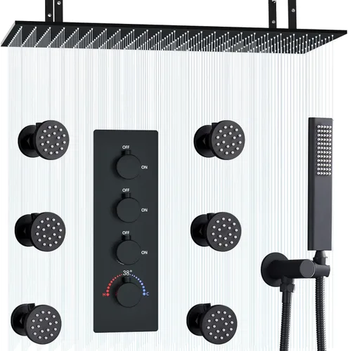 Miniatura 6 de Sistema de ducha termostático con chorros corporales, juego completo de grifos de ducha de níquel cepillado de latón de 20 x 40 pulgadas, ducha