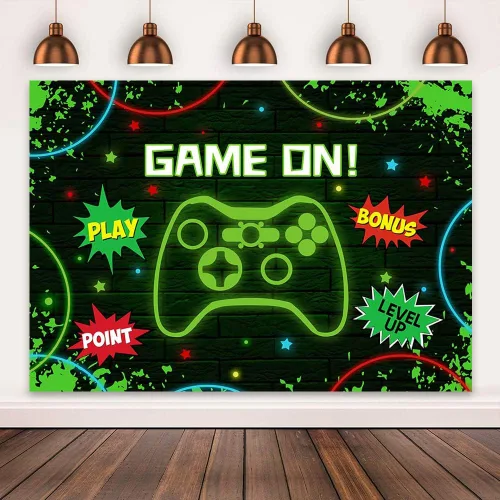 Miniatura 2 de Mocsicka Fondo de fiesta de cumpleaños para videojuegos, juego de fondo de cumpleaños de niños, luz verde, decoración de fiesta de juegos, pancarta
