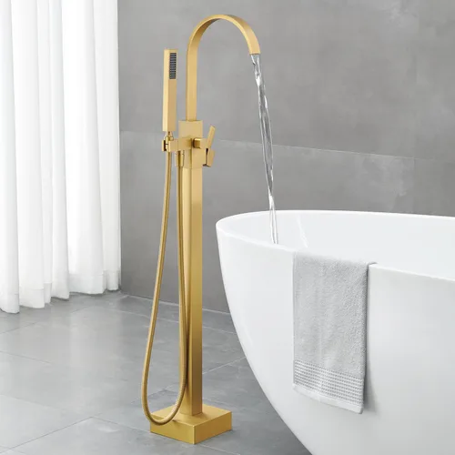 Miniatura 3 de Grifo de Bañera Independiente de Montaje en Piso Llenador de Bañera Latón Dorado Cepillado Grifos de Baño Mango Único con Ducha de Mano Oro cepillado