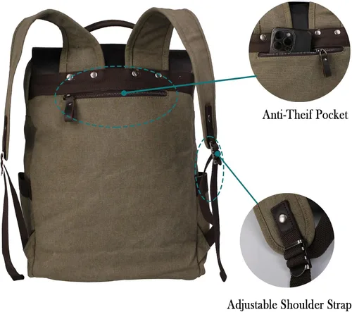 Miniatura 6 de Mochila de lona vintage con cuero de vaca de grano superior, bolsa de trabajo para portátiles de 16 pulgadas, Verde militar, Mochilas de viaje