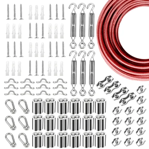 Miniatura 27 de Kit de suspensión de luces de cuerda de globo, cable guía de luz para exteriores, cable de acero inoxidable recubierto de vinilo, incluye 50 pies