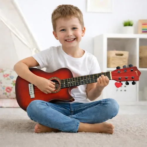 Miniatura 5 de Guitarra acústica de 23 pulgadas, guitarra de juguete de 6 cuerdas para niños, cuerdas de acero realistas, primer instrumento musical para Caoba