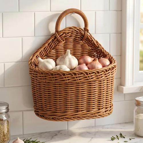 Miniatura 9 de DOITOOL Cesta de almacenamiento colgante tejida de 9.64 x 7.48 x 3.93 pulgadas, cesta de pared pequeña para cocina, ajo, jengibre, cebolla