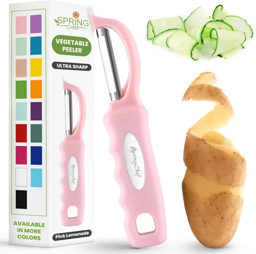 Miniatura 12 de Spring Chef Pelador de verduras giratorio profesional rojo para cocina, peladores de papas de acero inoxidable con mango de agarre suave, perfecto