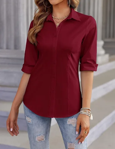 Miniatura 2 de HOTOUCH Camisas básicas con botones para mujer, manga 34, elásticas, con botones, camisa de vestir ajustada para camarera