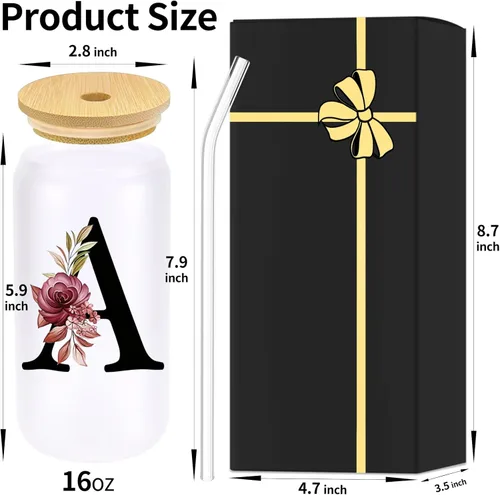 Miniatura 6 de Vaso de vidrio con monograma con tapa de bambú, popote personalizado, vaso de café helado de 16 onzas, tarro transparente de masón, cerveza, agua