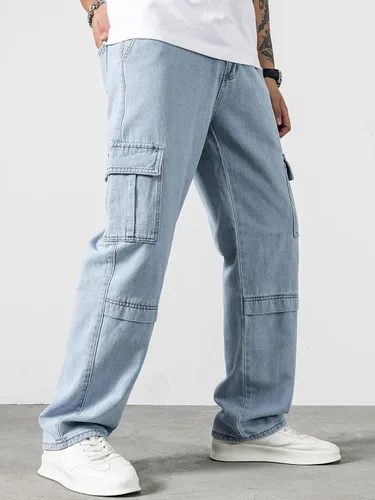 Miniatura 4 de Jeans para hombre con letras parcheadas con detalle de solapa, bolsillo lateral, jeans cargo para hombres