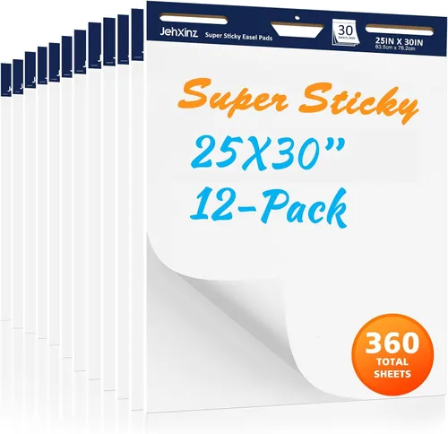 Almohadillas adhesivas de caballete con papel autoadhesivo, 30 hojas por bloc, papel grande para profesores (25 x 30 pulgadas, 12 paquetes)