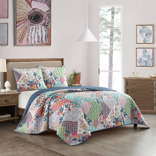 Miniatura 13 de Grand Avenue Juego de edredón floral tamaño Queen, 3 piezas, estampado de microfibra doble pinsonic, colchas y colchas Azul