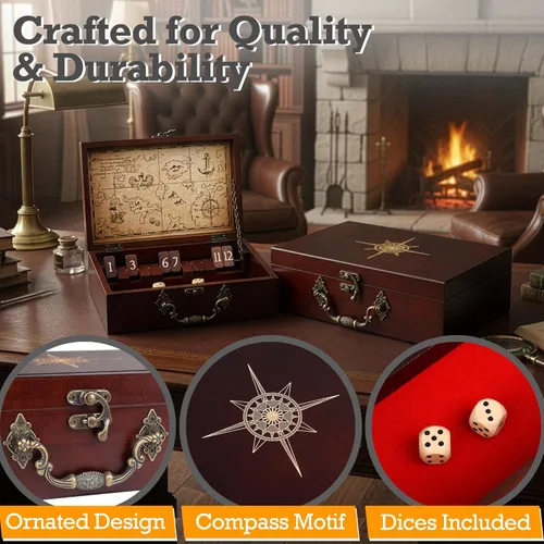 Miniatura 4 de STERLING Juego de 12 números Shut The Box Caja de madera Estuche de viaje con temática náutica Juego de dados familiares para niños y adultos