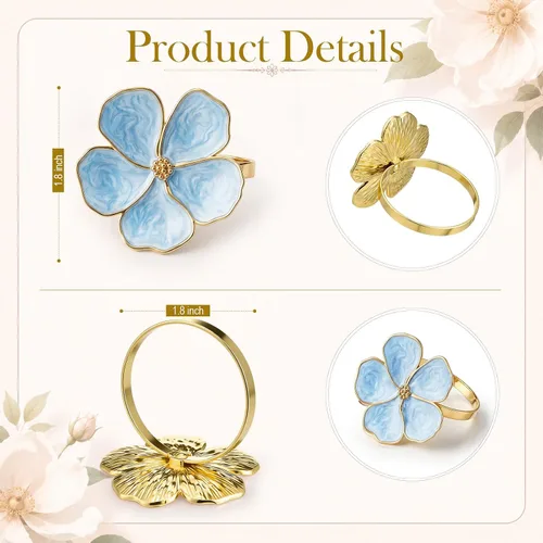 Miniatura 2 de Patelai Juego de 6 servilleteros de flores azules a granel, juego de servilleteros de tela dorada con hebillas florales, decoración de mesa