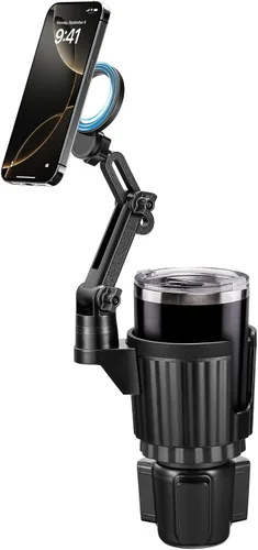 This Hill Soporte Magnético para Teléfono con Portavasos, Compatible con MagSafe, Base de 4.1" Altura Ajustable Portavasos de Carro Compatible con