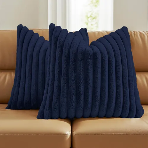 Miniatura 71 de FUTEI - Juego de 2 fundas de almohada decorativas con rayas, cuadradas, para invierno, piel sintética de conejo suave y acogedora y respaldo