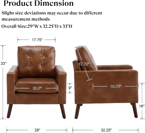 Miniatura 2 de BESTANO Silla decorativa marrón, sofá individual copetudo de piel sintética, silla de club de gran tamaño, sillón moderno de mediados de siglo