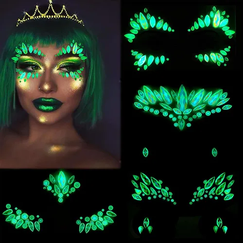 Gemas faciales 4 hojas de joyas para la cara pegadas en diamantes de imitación, calcomanías de cristal luminoso, piedras preciosas temporales de