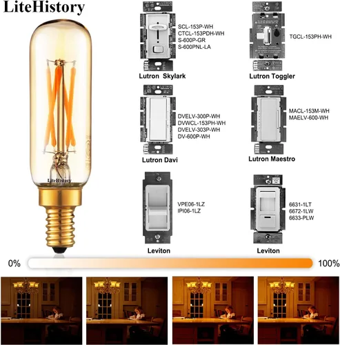 Miniatura 2 de LiteHistory Bombilla LED T6 regulable de 40 W, candelabro LED 2200 K, ámbar 250 lm, 4 W, e12 T25, paquete de 6 bombillas Utral Blanco Cálido 2200k 4w
