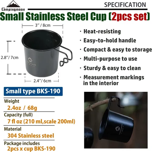 Miniatura 2 de CAMPINGMOON 7oz pequeño acero inoxidable taza w mango 7.1 fl oz camping senderismo al aire libre BKS-190-2P
