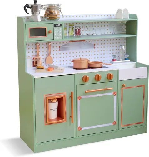 Teamson Kids Little Chef St. Louis - Juego de cocina de madera retro para niños pequeños, juego de cocina de simulación verde con máquina de hielo,