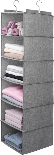 Miniatura 18 de Organizador colgante grande de suéter para armario, estantes colgantes plegables de 6 estantes con cajones, lavable (beige, 6 estantes)