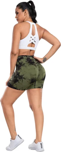 Miniatura 5 de CHRLEISURE Pantalones Cortos de Entrenamiento para Mujer, 4 Paquetes, Cintura Alta, Levantamiento de Glúteos con Fruncido, Pantalones Cortos Booty