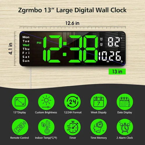 Miniatura 2 de Zgrmbo Reloj de pared digital de 13 pulgadas con control remoto, reloj digital grande con fecha, semana, temperatura, alarma, temporizador, reloj