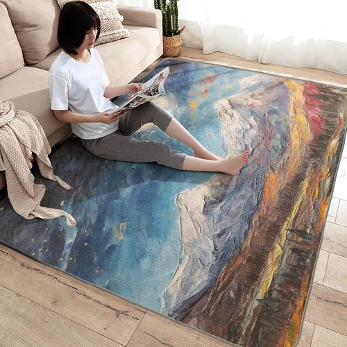 Miniatura 4 de Alfombra de área de sol de montaña de 3 x 5 pulgadas, alfombra de pintura al óleo, alfombras lavables para decoración de sala de estar y dormitorio