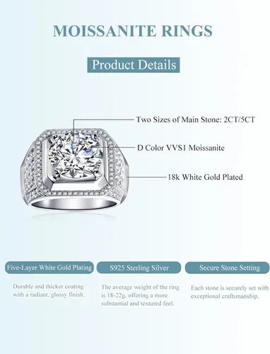Miniatura 3 de Anillo de moissanita para hombre, de 2 a 5 quilates, solitario de moissanita, plata de ley con chapado en oro blanco de 18 quilates, color D