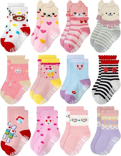 Miniatura 12 de RATIVE Calcetines de algodón antideslizantes antideslizantes con puños para bebés, niños y niñas