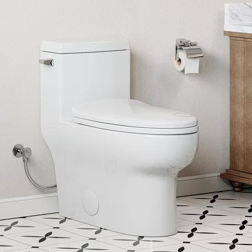 Miniatura 13 de HOROW HR-ST076W - Inodoro alargado con palanca de viaje a la izquierda, inodoro de una pieza para baño, asiento de cierre suave incluido, descarga