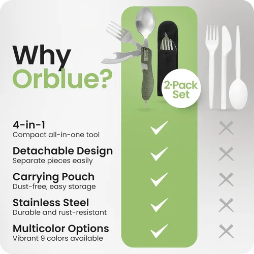 Miniatura 7 de Orblue Utensilios de comida 4 en 1, paquete de 2 – Cuchara portátil, tenedor, cuchillo y abridor de botellas, cubiertos de acero inoxidable