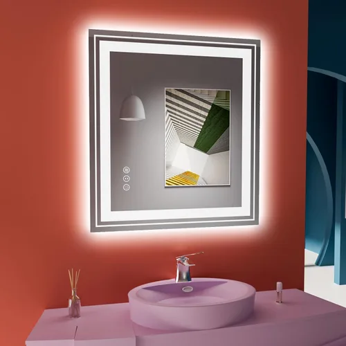 Snowdool Espejo LED de baño, 32 x 32 pulgadas con luz frontal y retroiluminada, antivaho, espejo de tocador de baño para pared, función de memoria,