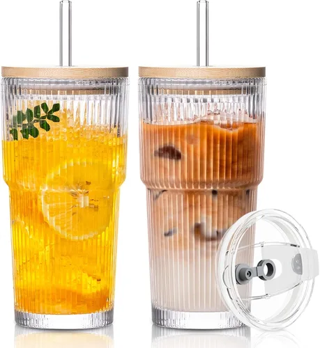 Miniatura 16 de SoulTimes Vaso de vidrio de flor de begonia de 20 onzas con tapas y popotes, 2 tazas de vidrio para café helado para batidos, matcha, jugo, agua