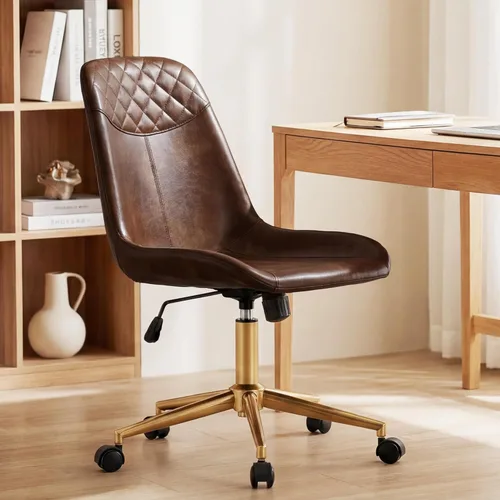 Miniatura 2 de DUHOME Silla de oficina moderna de piel sintética, silla de escritorio giratoria para computadora con base dorada, marrón amarillento Marrón