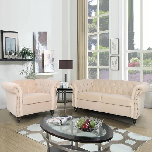 RARZOE Chesterfield - Juego de sofá biplaza, beige, espuma, 1+2 plazas, 67 pulgadas de ancho x 32 pulgadas de profundidad x 27 pulgadas de alto