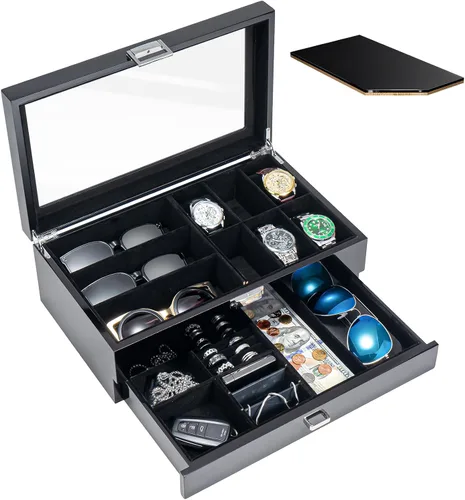 Miniatura 2 de ProCase Lacquered Finish Wooden Men's Jewelry Box Bundle with 18 Slots Sunglasses Organizer