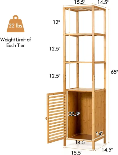 Miniatura 3 de LOKO Gabinete alto de bambú, gabinete de almacenamiento estrecho para baño con estantes de 3 niveles y puerta de obturador, gabinete de torre