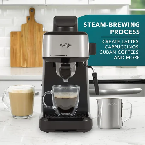 Miniatura 2 de Mr. Coffee máquina al vapor de 4 tazas para preparar café expreso, capuchino y café con leche con jarra de espuma de acero inoxidable