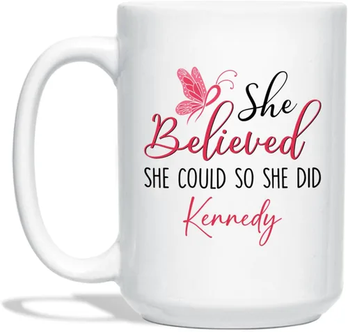 Miniatura 8 de Taza de café de concientización sobre el cáncer de mama con nombre personalizado, taza de café de 11 onzas, taza de té de cerámica blanca