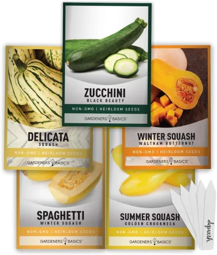 Gardeners Basics, Semillas de calabaza para plantar 5 paquetes individuales: calabacín, delicata, mantequilla, espaguetis y cuello de torcido dorado
