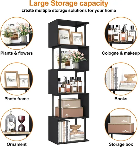 Miniatura 6 de Yusong Estantería de 5 niveles, estantería geométrica en forma de S para dormitorio, estante decorativo de madera moderna para oficina en casa, Negro