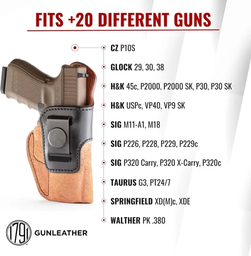 Miniatura 3 de 1791 Funda de cuero para pistola – Funda IWB – Funda de cuero premium para diestros – Compatible con Glock 23, 29, 30, 38 / Sig Sauer P220 P226