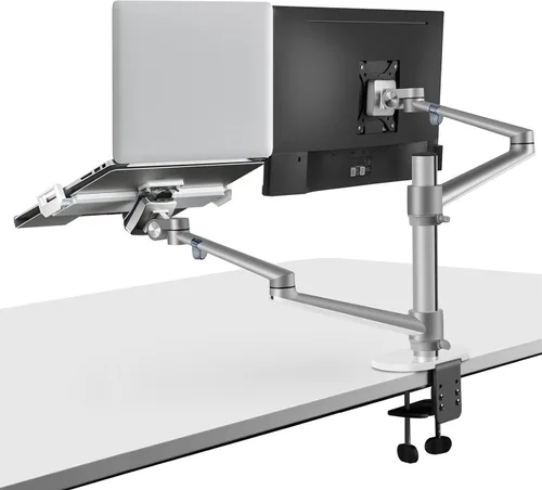Viozon Soporte para monitor y laptop, 2 en 1 ajustable de doble brazo, soporte de brazo único para pantallas LCD de 17 a 32 pulgadas, bandeja
