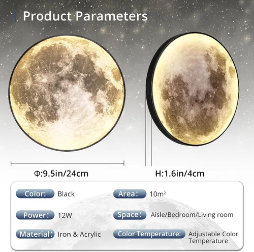 Miniatura 4 de Lámpara de pared de luna regulable de 9.5 pulgadas con control remoto, moderna lámpara de pared LED enchufable, lámpara de pared negra de 12 W