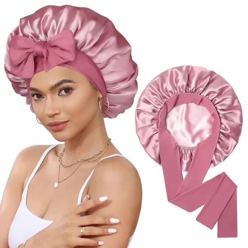 Miniatura 19 de Gorro de satén de seda para dormir, gorro de seda de doble capa con banda elástica para cabello rizado Negro+marrón