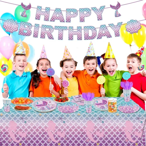 Miniatura 7 de Juego de 122 decoraciones para fiesta de cumpleaños de sirena, incluye platos, servilleta, tenedor, taza, mantel, pancarta para baby shower