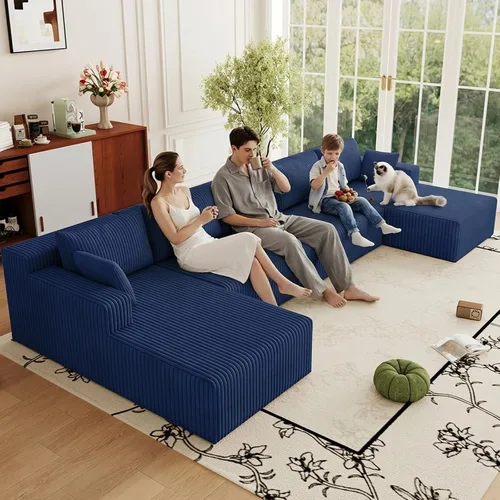 Miniatura 10 de Sofá modular de 95 pulgadas con otomana, moderno sofá nube de pana con asiento profundo, sofá sin hueso tapizado de 3 plazas en forma de U para sala